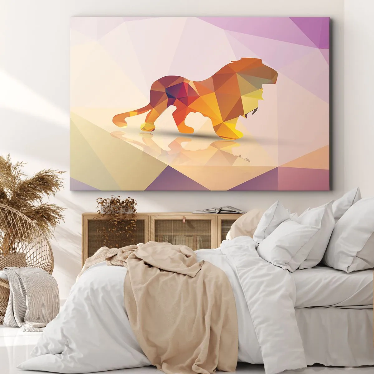 Bild auf Leinwand - Leinwandbild - Geometrische Silhouette eines Löwen in Gelb- und Orangetönen - 100x70cm - Der Diamantenkönig - Moderne Wanddekoration für Wohnzimmer und Schlafzimmer ARTTOR
