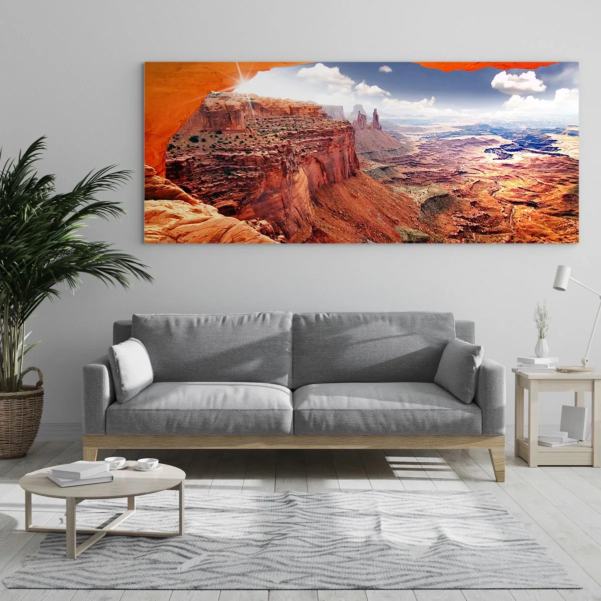 Glasbild - Bild auf glas - Canyon durch ein Felsfenster mit warmen Felstönen gesehen - 140x50cm - Von der Natur selbst geschnitzt - Moderne Wanddekoration für Wohnzimmer und Schlafzimmer ARTTOR