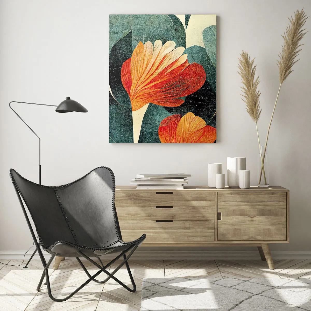 Glasbild - Bild auf glas - Blüten in intensiven Orange- und Grüntönen - 80x120cm - Hitze der Tropen und Kühle des Grüns - Moderne Wanddekoration für Wohnzimmer und Schlafzimmer ARTTOR