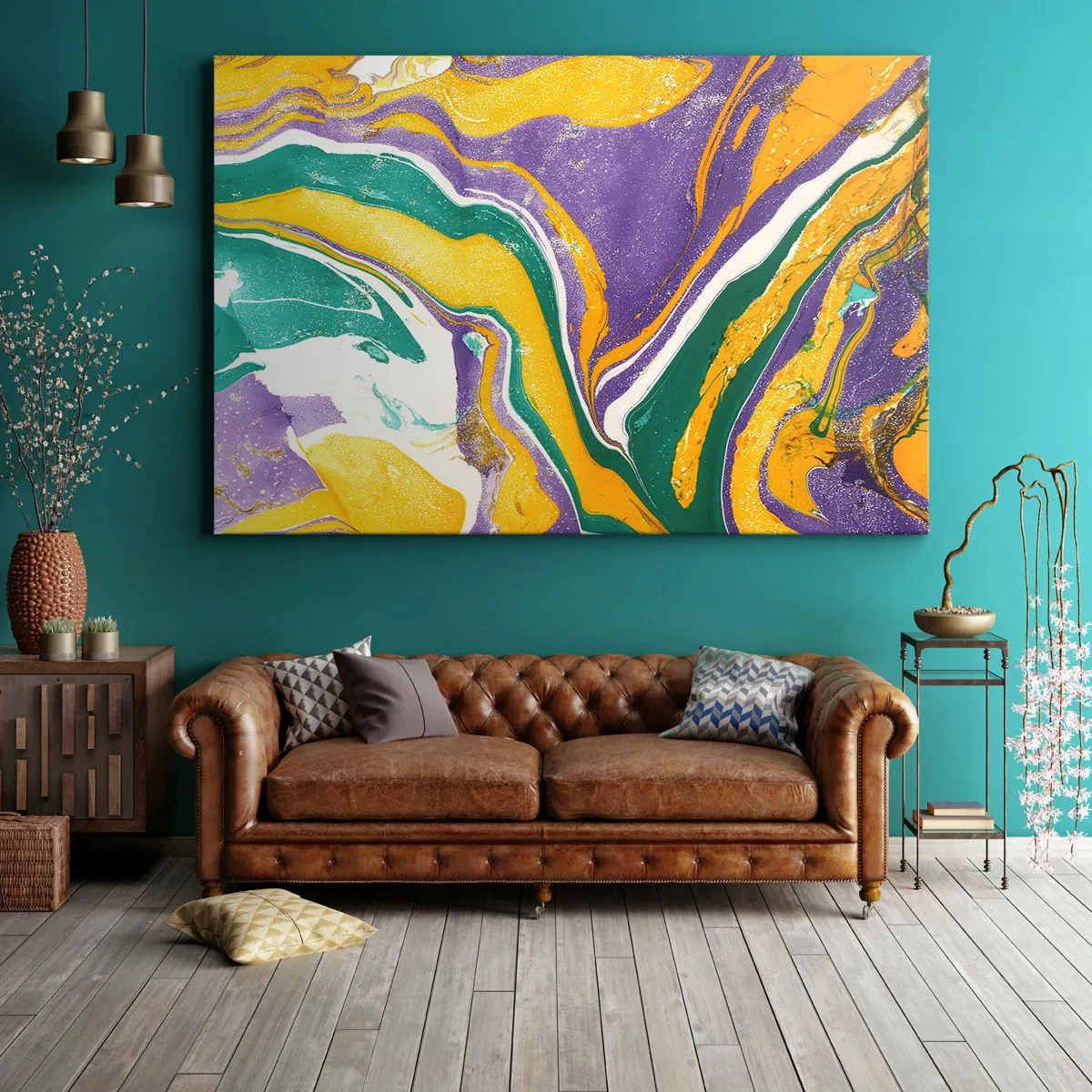 Bild auf Leinwand - Leinwandbild - Abstraktes Marmormuster in lebendigen Farben - 70x50cm - Farbwellen - Moderne Wanddekoration für Wohnzimmer und Schlafzimmer ARTTOR