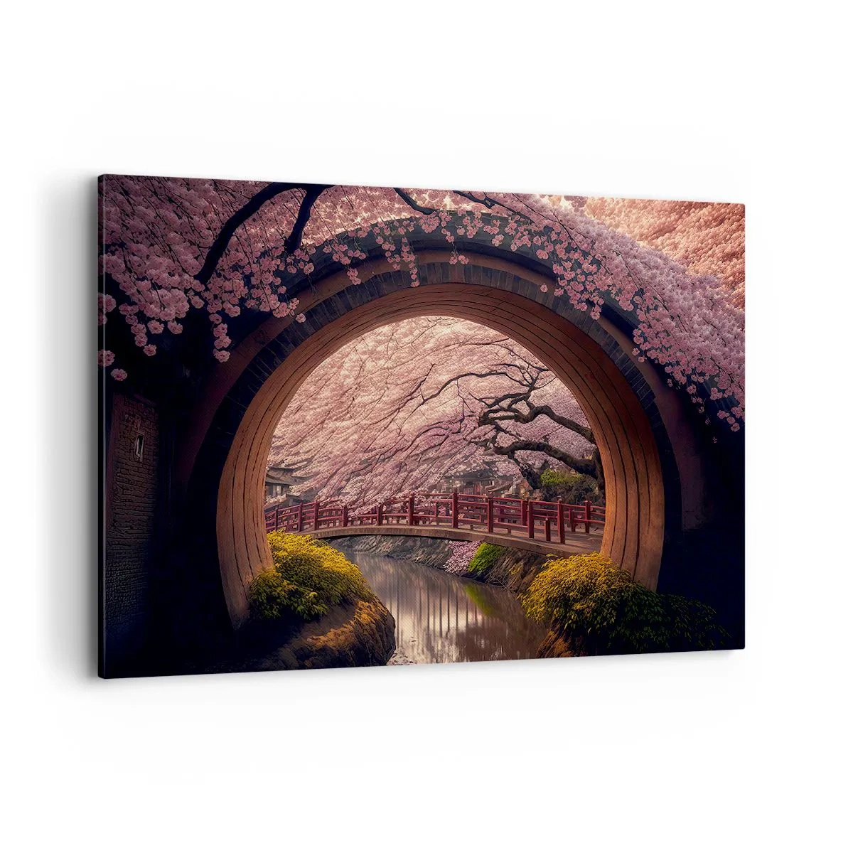 Bild auf Leinwand - Leinwandbild - Eine traditionelle japanische Brücke, umgeben von Kirschblüten - 100x70cm - Japanischer Frühling - Moderne Wanddekoration für Wohnzimmer und Schlafzimmer ARTTOR