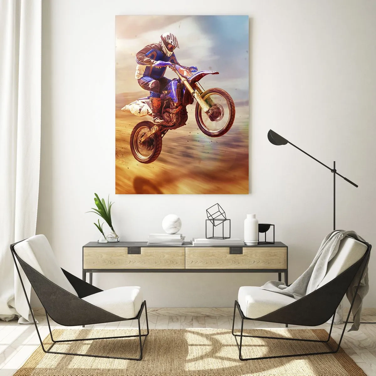 Glasbild - Bild auf glas - Ein Motorradfahrer fliegt über sandiges Gelände - 50x70cm - Motorradschwindel - Moderne Wanddekoration für Wohnzimmer und Schlafzimmer ARTTOR