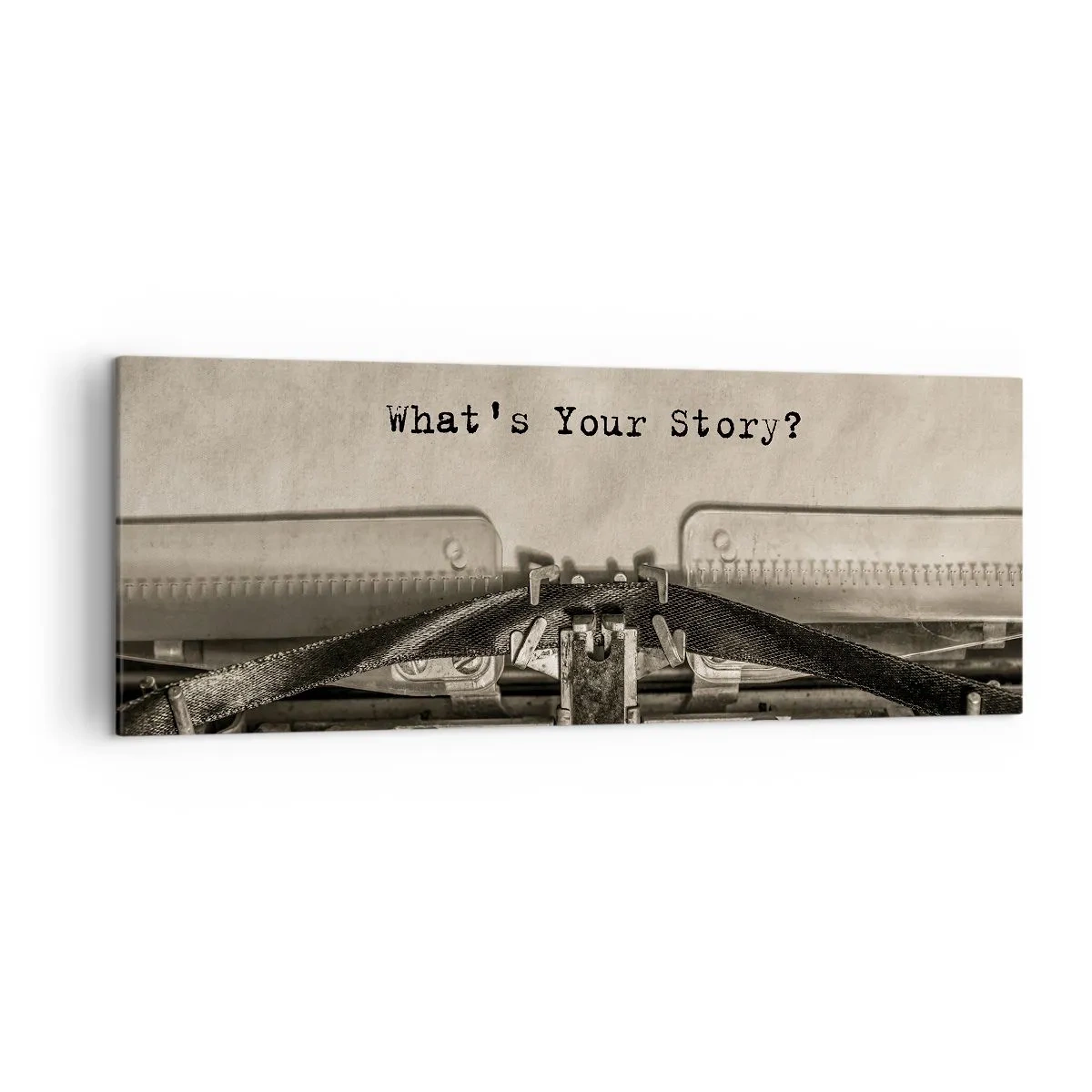 Bild auf Leinwand - Leinwandbild - Eine Schreibmaschine mit den Worten „Was ist Ihre Geschichte?“ - 140x50cm - Erzähl es mir - Moderne Wanddekoration für Wohnzimmer und Schlafzimmer ARTTOR