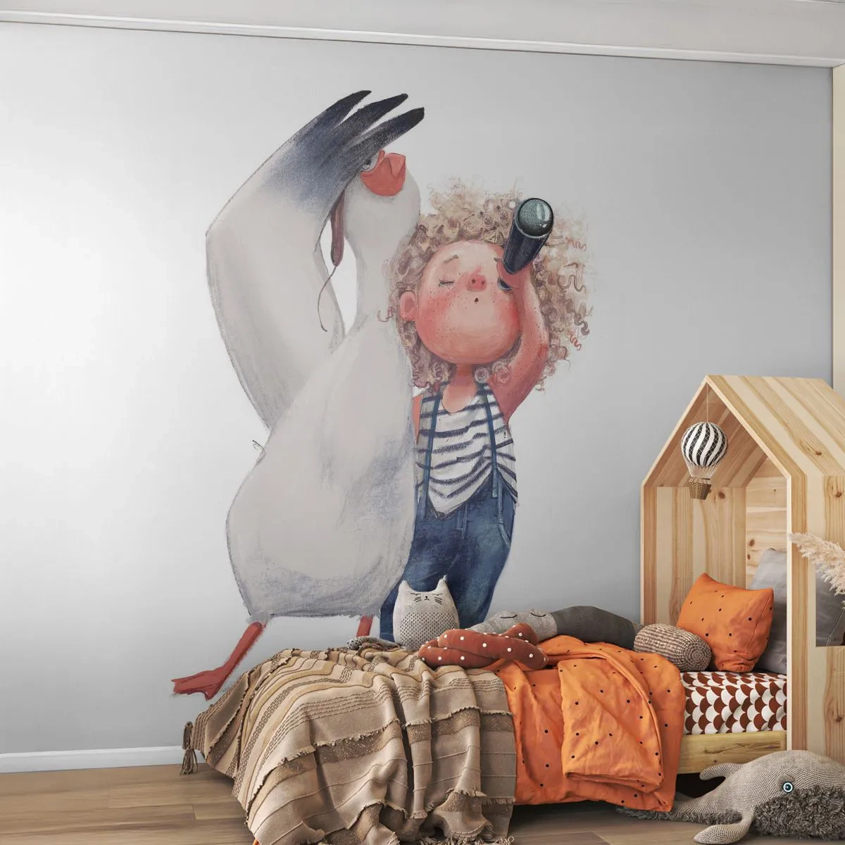 Fototapete Premium Sand - Entzückende Illustration eines Kindes mit einem Teleskop und einem Pelikan - 100x70cm - Toller Reiseplan - Moderne Wanddekoration für Wohnzimmer und Schlafzimmer ARTTOR