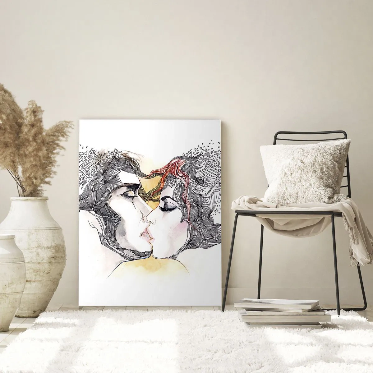 Glasbild - Bild auf glas - Künstlerisches Paarportrait mit abstrakten Haarmotiven - 70x100cm - Die Welt existiert nicht - Moderne Wanddekoration für Wohnzimmer und Schlafzimmer ARTTOR