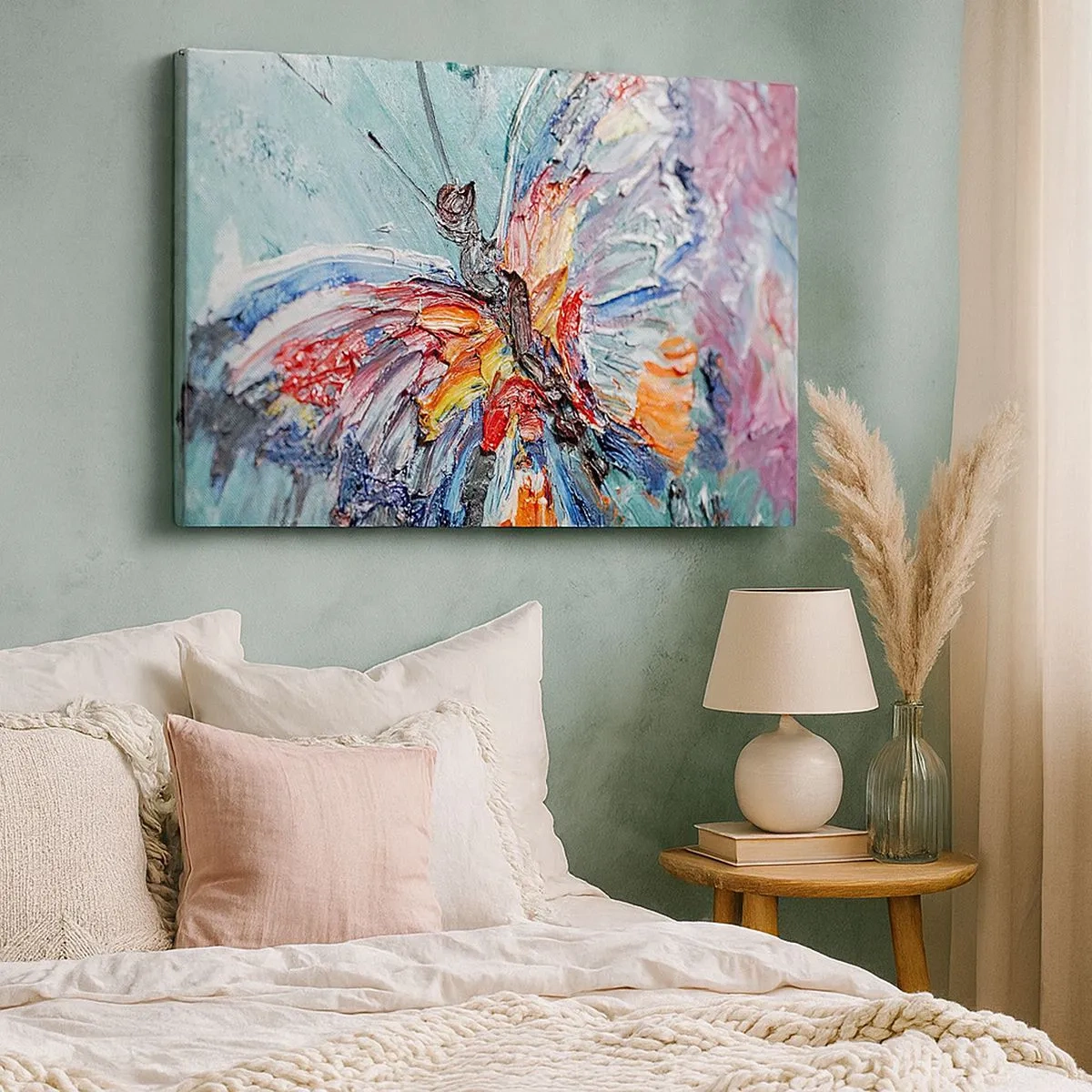 Bild auf Leinwand - Leinwandbild - Bunter Impasto-Schmetterling auf pastellfarbenem Hintergrund - 70x50cm - Von der Natur gemalt - Moderne Wanddekoration für Wohnzimmer und Schlafzimmer ARTTOR