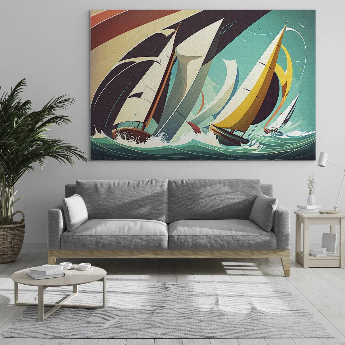 Glasbild - Bild auf glas - Retro-Stil-Illustration von Segelbooten in stürmischer See - 100x70cm - Viel Glück mit den Elementen - Moderne Wanddekoration für Wohnzimmer und Schlafzimmer ARTTOR