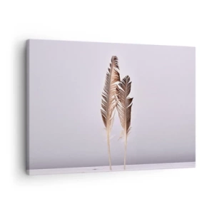 Bild auf Leinwand - Leinwandbild - Zarte Federn auf hellem Untergrund im minimalistischen Stil - 70x50cm - Gegen das Nichts - Moderne Wanddekoration für Wohnzimmer und Schlafzimmer ARTTOR