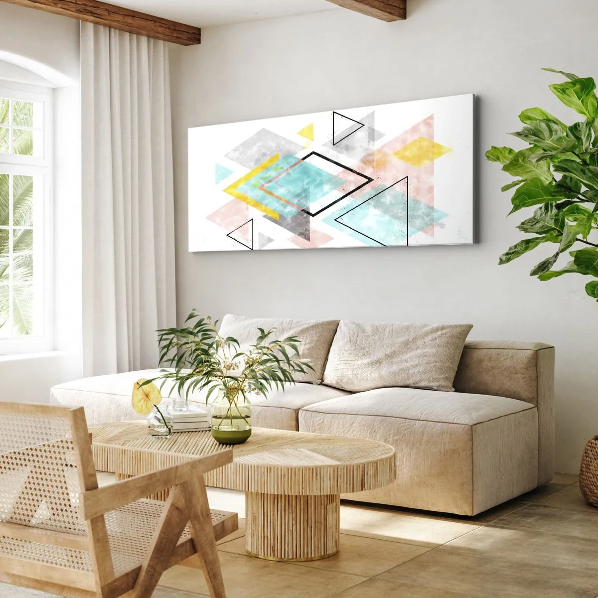 Bild auf Leinwand - Leinwandbild - Bunte geometrische Muster auf weißem Hintergrund - 160x50cm - Geometrisches Spiel - Moderne Wanddekoration für Wohnzimmer und Schlafzimmer ARTTOR