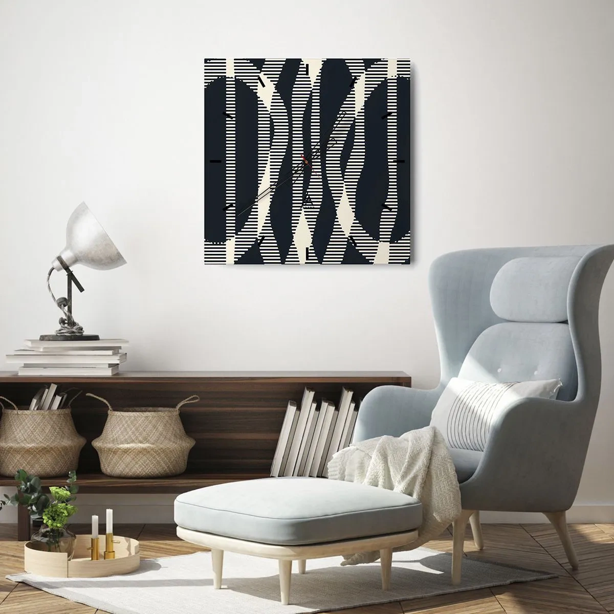 Wanduhr - Glasuhr - Geometrische Linien in hellen Farbtönen auf dunklem Hintergrund - 30x30cm - Ein Versuch, die Dunkelheit zu durchbrechen - Moderne Wanddekoration für Wohnzimmer und Schlafzimmer ARTTOR