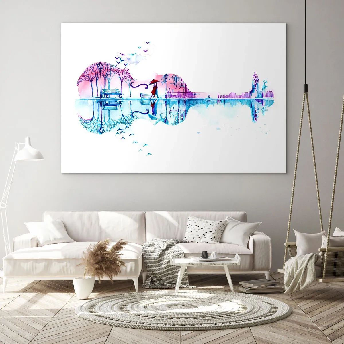 Glasbild - Bild auf glas - Eine gitarrenförmige Landschaft im Aquarellstil - 100x70cm - Ich bringe dir ein paar Regenbögen - Moderne Wanddekoration für Wohnzimmer und Schlafzimmer ARTTOR