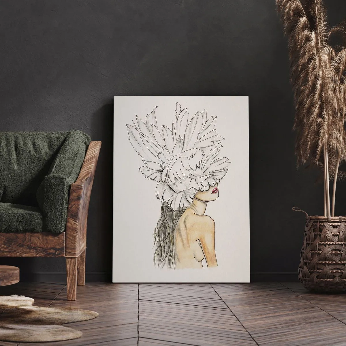 Bild auf Leinwand - Leinwandbild - Portrait einer Frau mit Federschmuck im künstlerischen Stil - 50x70cm - Gekrönte Schönheit - Moderne Wanddekoration für Wohnzimmer und Schlafzimmer ARTTOR
