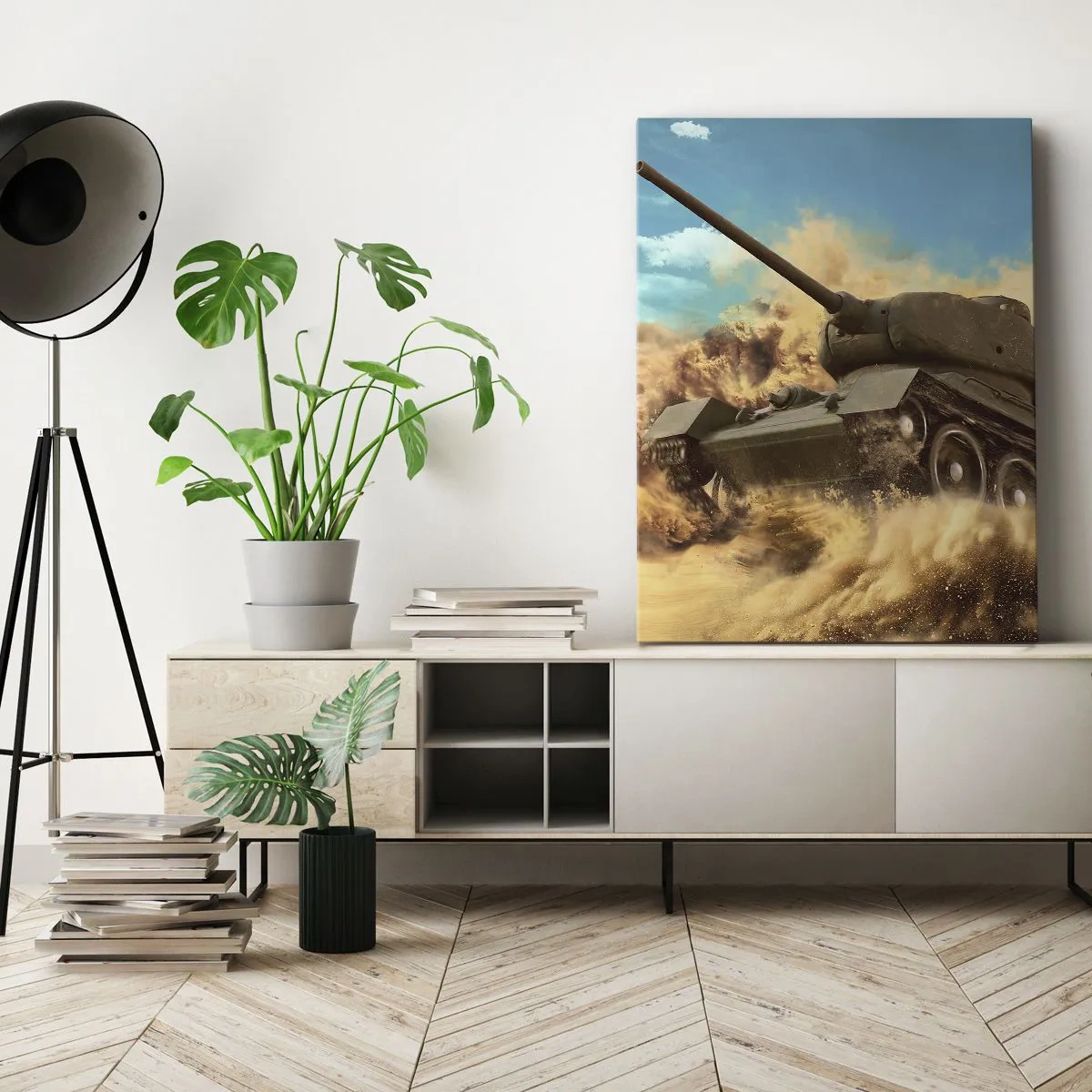 Bild auf Leinwand - Leinwandbild - Ein Panzer im Einsatz in der Wüste, umgeben von Sandstaub. - 50x70cm - Nicht zu besiegen - Moderne Wanddekoration für Wohnzimmer und Schlafzimmer ARTTOR