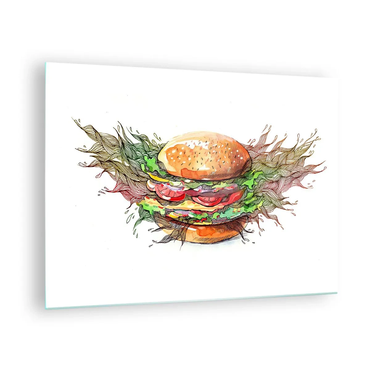 Glasbild - Bild auf glas - Künstlerische Zeichnung eines Burgers mit Aquarelldetails - 70x50cm - Heiße Versuchung - Moderne Wanddekoration für Wohnzimmer und Schlafzimmer ARTTOR
