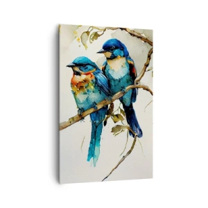 Bild auf Leinwand - Leinwandbild - Drei bunte Vögel auf einem Ast im Aquarellstil - 80x120cm - War er beleidigt? - Moderne Wanddekoration für Wohnzimmer und Schlafzimmer ARTTOR