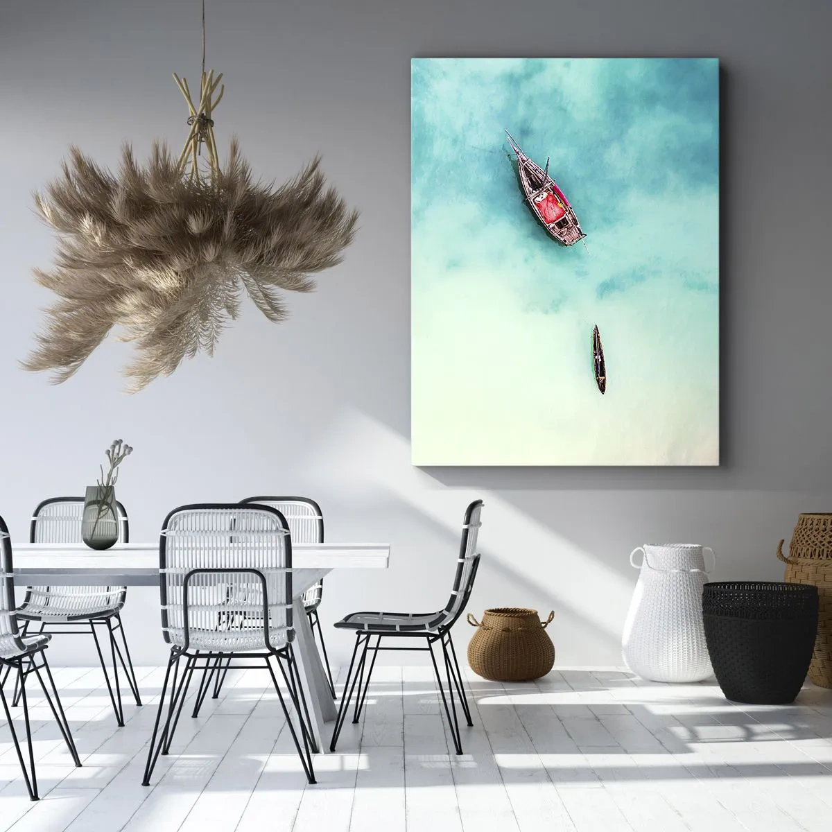 Bild auf Leinwand - Leinwandbild - Boote auf türkisfarbenem Wasser aus der Vogelperspektive - 50x70cm - Denn an den Stränden von Sansibar, wenn der Wasserüberschuss ... - Moderne Wanddekoration für Wohnzimmer und Schlafzimmer ARTTOR