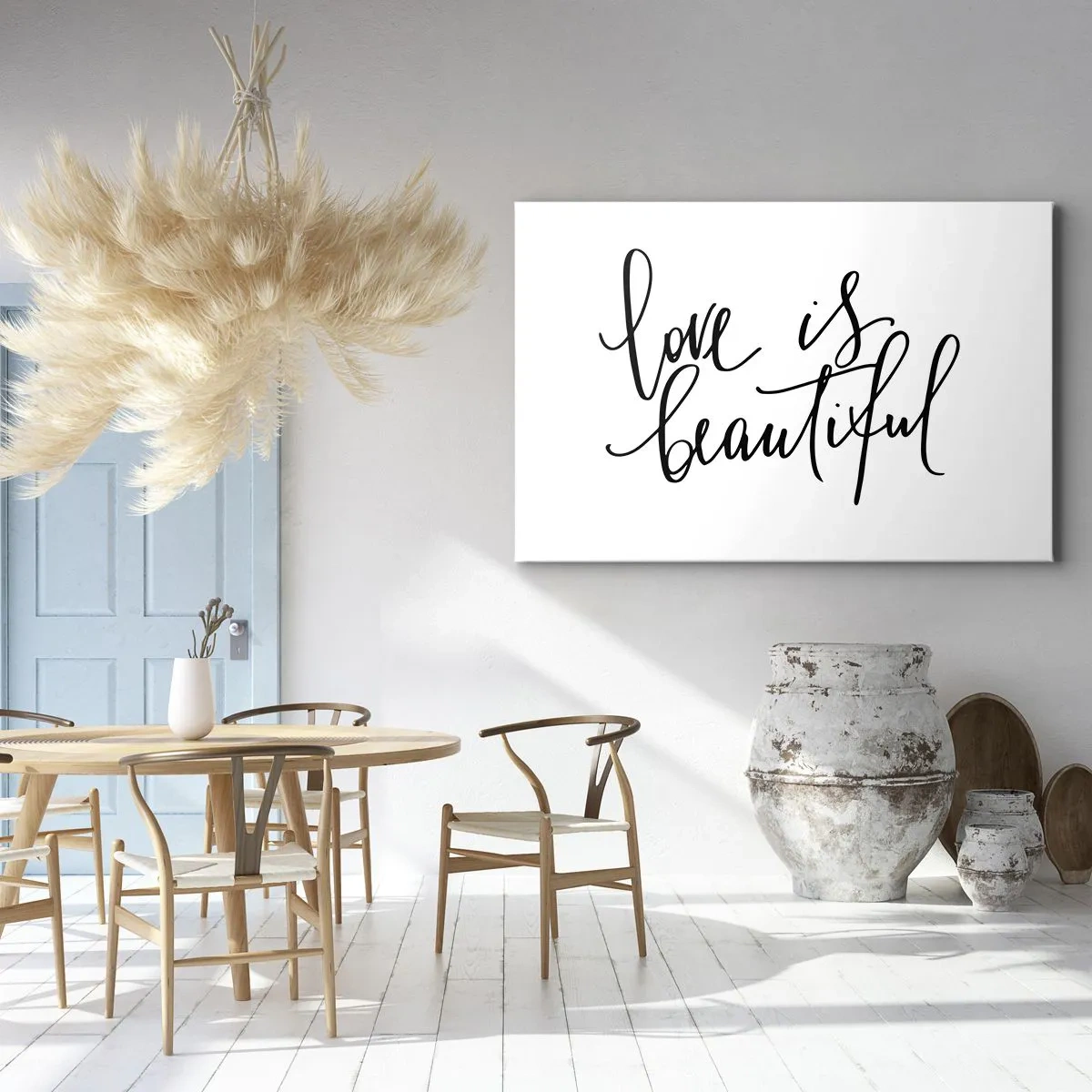 Bild auf Leinwand - Leinwandbild - Schwarze Aufschrift „Liebe ist schön“ auf weißem Hintergrund - 100x70cm - Lies und wiederhol - Moderne Wanddekoration für Wohnzimmer und Schlafzimmer ARTTOR