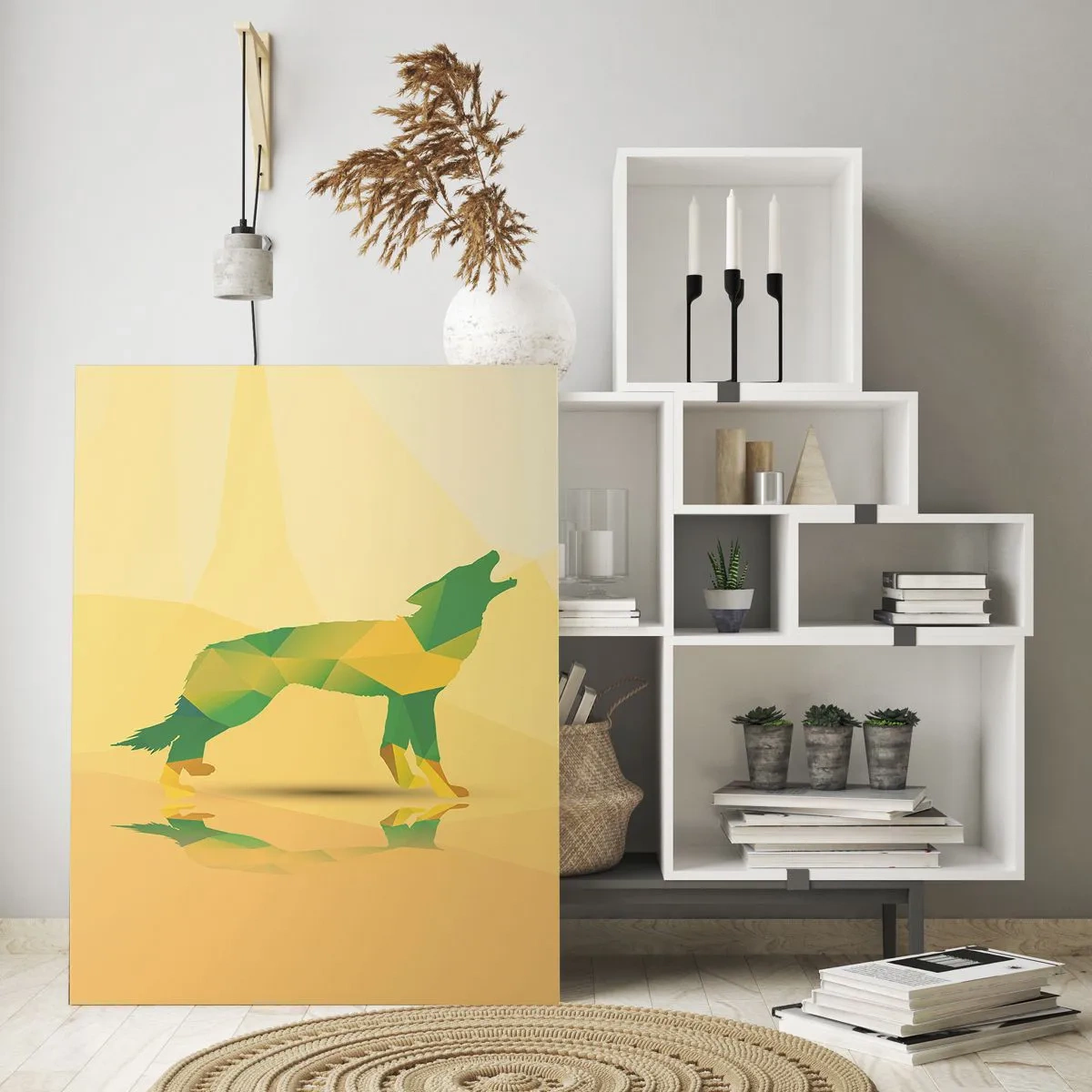 Glasbild - Bild auf glas - Geometrische Wolfssilhouette in Grün- und Gelbtönen - 80x120cm - Ein einsamer Wolf - Moderne Wanddekoration für Wohnzimmer und Schlafzimmer ARTTOR