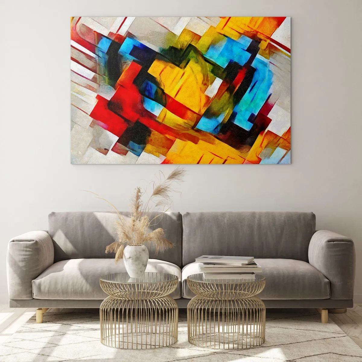 Glasbild - Bild auf glas - Abstrakte Komposition geometrischer Formen - 100x70cm - Ein bunter Interleaver - Moderne Wanddekoration für Wohnzimmer und Schlafzimmer ARTTOR