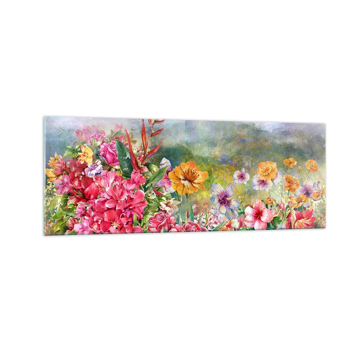 Glasbild - Bild auf glas - Eine farbenfrohe Blumenkomposition vor einem pastellfarbenen Landschaftshintergrund - 140x50cm - Ein Garten, der verrückt geworden ist - Moderne Wanddekoration für Wohnzimmer und Schlafzimmer ARTTOR