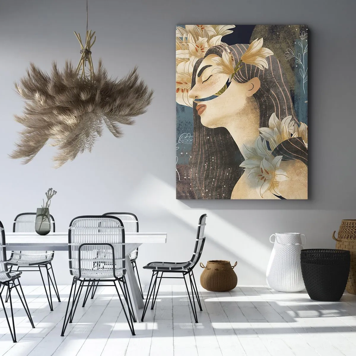 Bild auf Leinwand - Leinwandbild - Porträt einer Frau mit Blumen im künstlerischen Stil auf dunklem Hintergrund - 70x100cm - Ein Märchen über eine Prinzessin mit Lilien - Moderne Wanddekoration für Wohnzimmer und Schlafzimmer ARTTOR