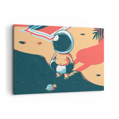 Bild auf Leinwand - Leinwandbild - Lustiger Astronaut am Strand mit Weltraumelementen im Hintergrund - 120x80cm - Aus einer anderen Perspektive - Moderne Wanddekoration für Wohnzimmer und Schlafzimmer ARTTOR