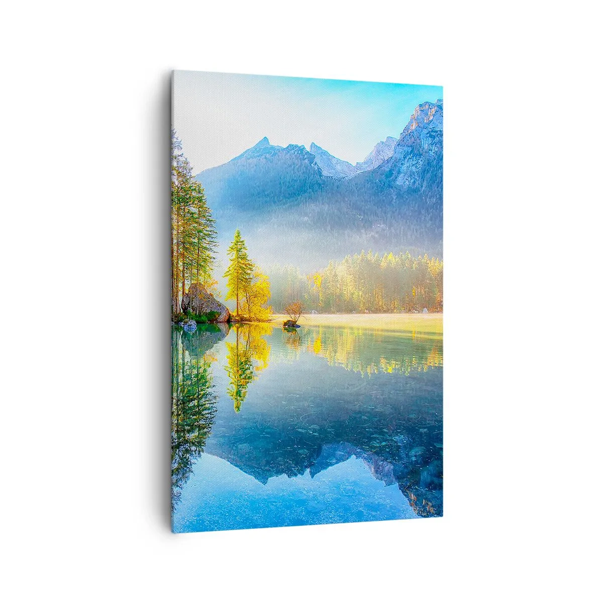 Bild auf Leinwand - Leinwandbild - Ein See, umgeben von Bergen und Wäldern in den Strahlen der Sonne - 80x120cm - Majestät und Süße - Moderne Wanddekoration für Wohnzimmer und Schlafzimmer ARTTOR