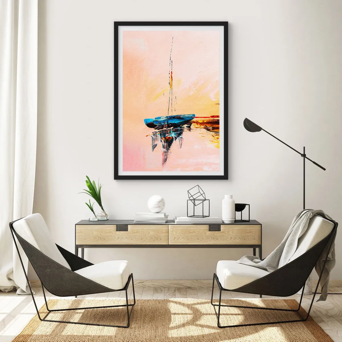 Poster in einem schwarzem Rahmen - Abstraktes Boot auf ruhigem Wasser bei Sonnenuntergang - 50x70cm - Abend im Yachthafen - Moderne Wanddekoration für Wohnzimmer und Schlafzimmer ARTTOR