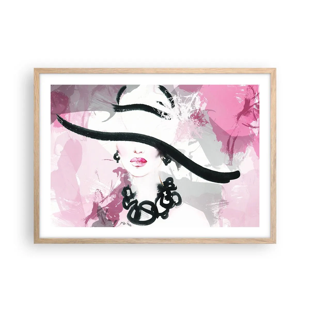 Poster in einem Rahmen aus heller Eiche - Bildnis einer Dame in Schwarz und Pink - 70x50 cm