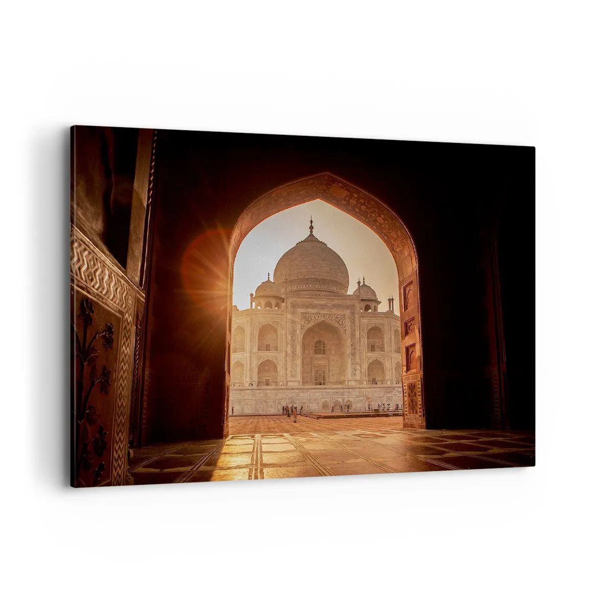 Bild auf Leinwand - Leinwandbild - Taj Mahal im Sonnenlicht vom Torbogen aus gesehen - 100x70cm - Denkmal der überirdischen Liebe - Moderne Wanddekoration für Wohnzimmer und Schlafzimmer ARTTOR