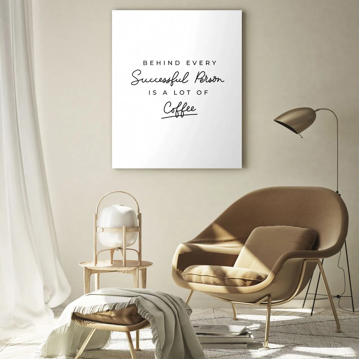 Glasbild - Bild auf glas - Ein motivierendes Zitat über Erfolg und Kaffee im minimalistischen Stil. - 50x70cm - Erfolgsgeheimnis - Moderne Wanddekoration für Wohnzimmer und Schlafzimmer ARTTOR
