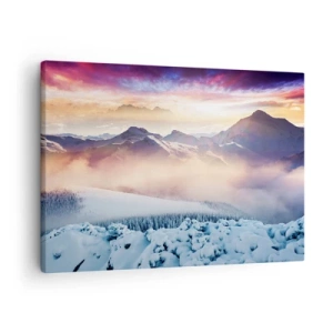 Bild auf Leinwand - Leinwandbild - Schneebedeckte Berge im Morgengrauen mit einem farbenfrohen Himmel - 70x50cm - Die Kraft und Reinheit der Natur - Moderne Wanddekoration für Wohnzimmer und Schlafzimmer ARTTOR