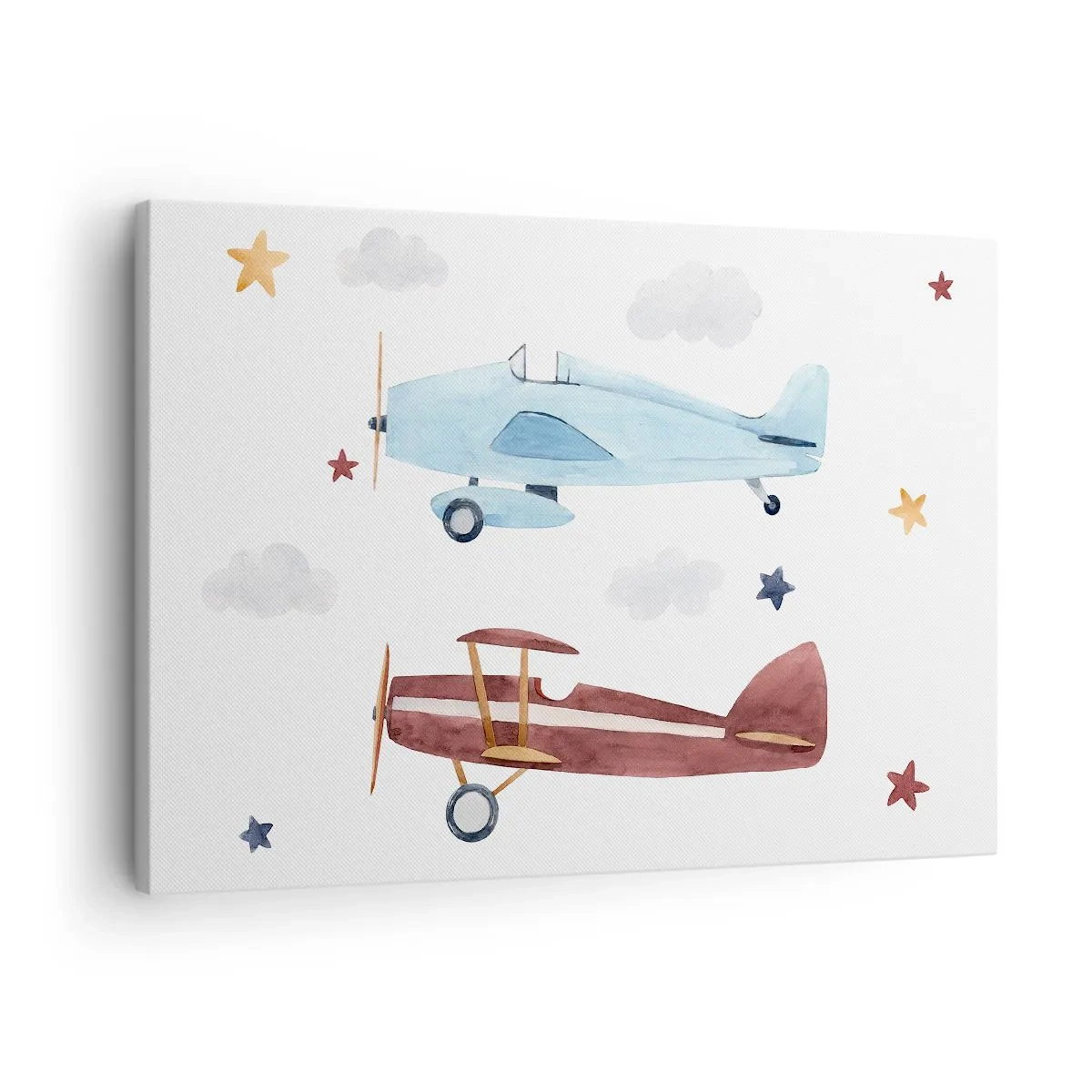 Bild auf Leinwand - Leinwandbild - Handbemalte Flugzeuge vor einem Hintergrund aus Wolken und Sternen - 70x50cm - Wir warten, Herr Pilot! - Moderne Wanddekoration für Wohnzimmer und Schlafzimmer ARTTOR