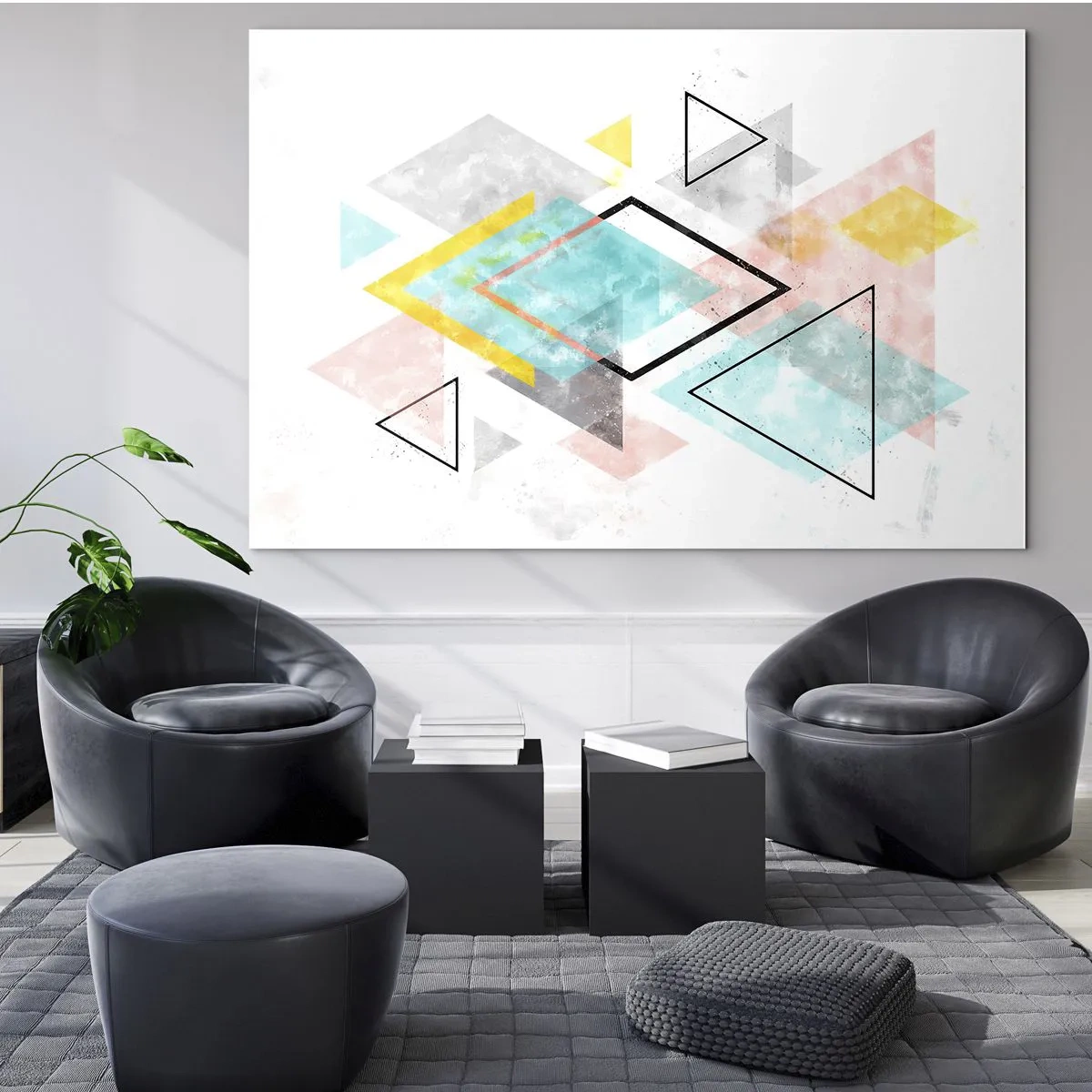 Glasbild - Bild auf glas - Bunte geometrische Formen auf weißem Hintergrund im abstrakten Stil - 120x80cm - Geometrisches Spiel - Moderne Wanddekoration für Wohnzimmer und Schlafzimmer ARTTOR