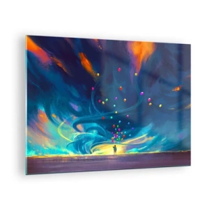 Glasbild - Bild auf glas - Eine Person hält bunte Luftballons vor einem blauen Windhintergrund. - 70x50cm - Zum blauen Wind - Moderne Wanddekoration für Wohnzimmer und Schlafzimmer ARTTOR