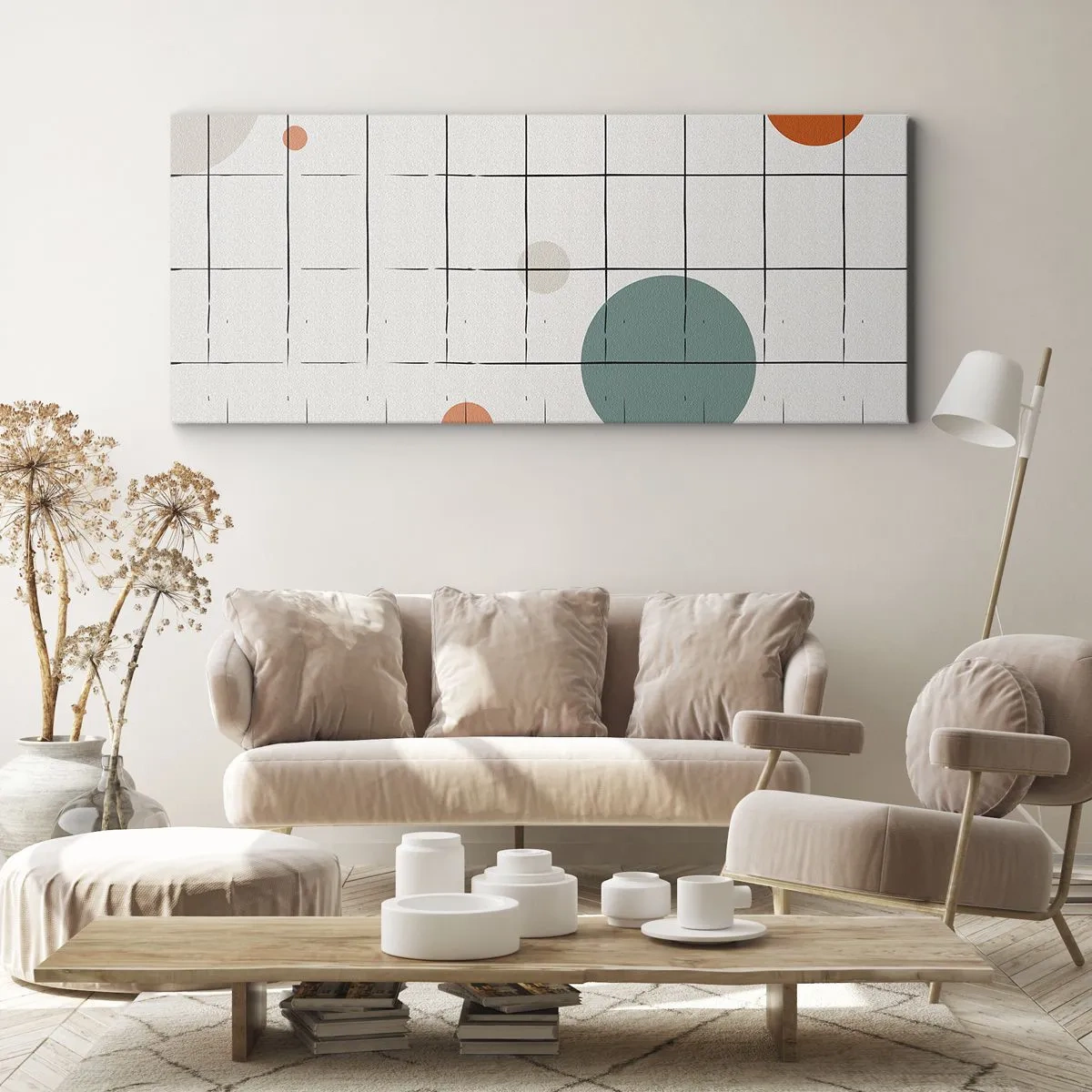Bild auf Leinwand - Leinwandbild - Abstrakte farbige Kreise auf einem geometrischen Gitterhintergrund - 120x50cm - Gefangen. Wir oder sie? - Moderne Wanddekoration für Wohnzimmer und Schlafzimmer ARTTOR