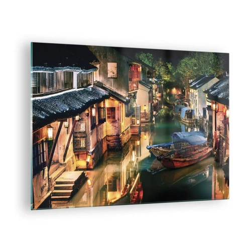 Glasbild - Bild auf glas - Chinesische Straße bei Nacht mit Booten und Lichtern entlang des Kanals - 70x50cm - Ein Abend auf einer chinesischen Straße - Moderne Wanddekoration für Wohnzimmer und Schlafzimmer ARTTOR