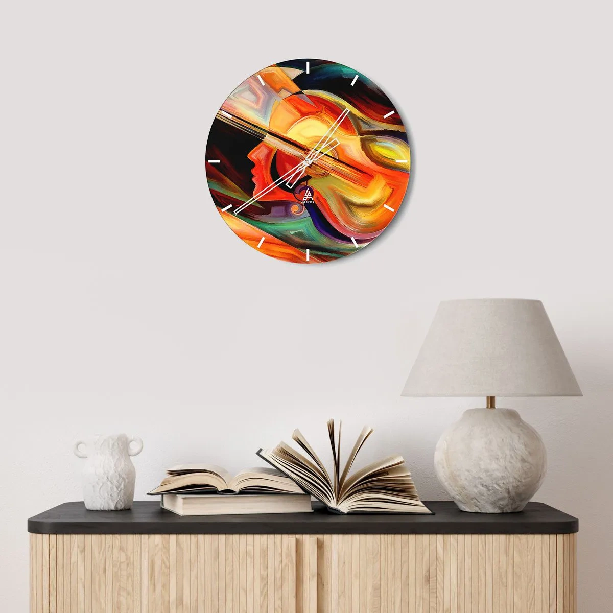 Wanduhr - Glasuhr - Ein abstraktes Gemälde einer Gitarre und eines Gesichts in warmen Farben. - 30x30cm - Alles ist gut - Moderne Wanddekoration für Wohnzimmer, Küche und Schlafzimmer ARTTOR
