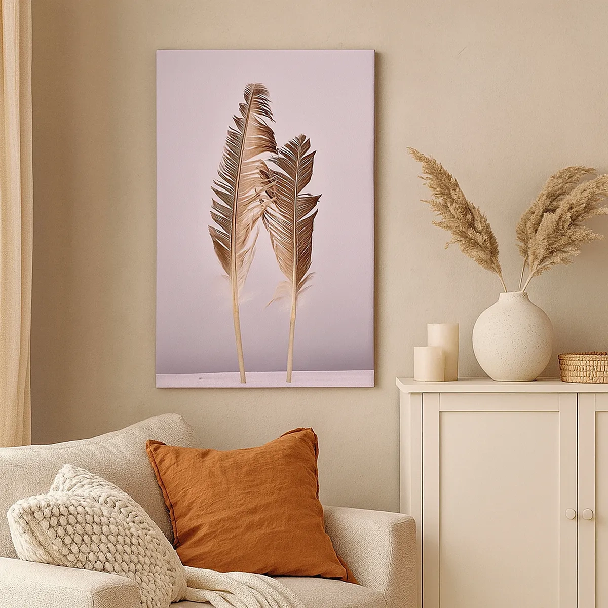 Bild auf Leinwand - Leinwandbild - Zarte Federn auf hellem Untergrund im minimalistischen Stil - 50x70cm - Gegen das Nichts - Moderne Wanddekoration für Wohnzimmer und Schlafzimmer ARTTOR