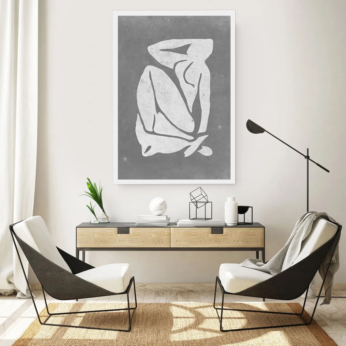 Poster - Eine minimalistische Silhouette einer Frau in Grautönen - 50x70cm - In Gedanken versunken - Moderne Wanddekoration für Wohnzimmer und Schlafzimmer ARTTOR