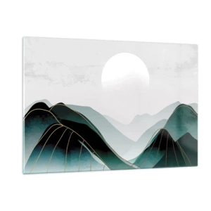 Glasbild - Bild auf glas - Berglandschaft mit weißer Sonne und goldenen Linien - 120x80cm - In voller Majestät - Moderne Wanddekoration für Wohnzimmer und Schlafzimmer ARTTOR