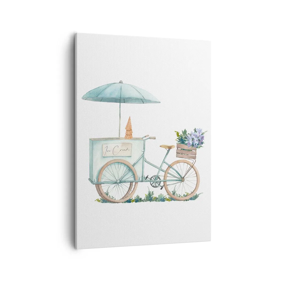 Bild auf Leinwand - Leinwandbild - Ein Fahrrad mit Eis und Blumen unter einem Regenschirm in zarten Pastellfarben - 50x70cm - Süße Erinnerung an den Sommer - Moderne Wanddekoration für Wohnzimmer und Schlafzimmer ARTTOR
