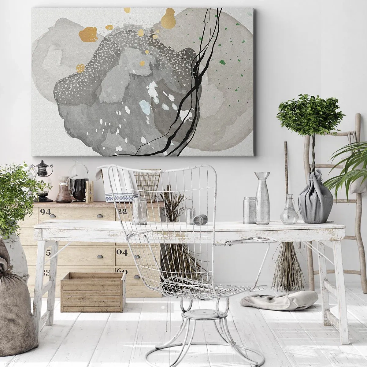 Bild auf Leinwand - Leinwandbild - Organische Formen in Grautönen mit Akzenten in Schwarz und Gold - 120x80cm - Organische Komposition - Moderne Wanddekoration für Wohnzimmer und Schlafzimmer ARTTOR