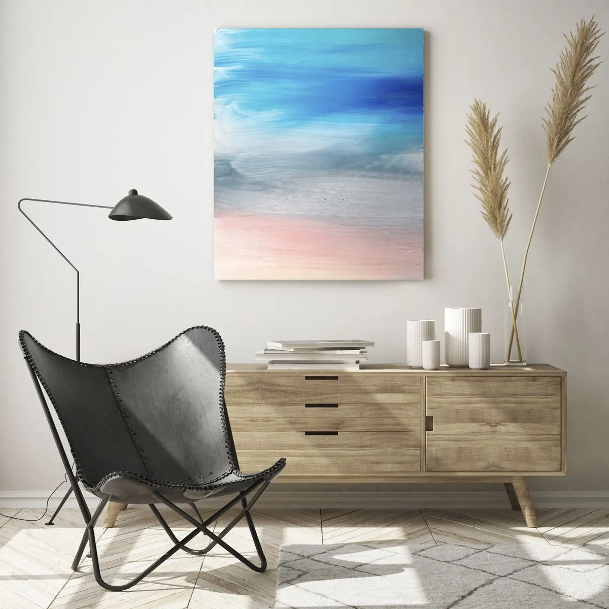 Glasbild - Bild auf glas - Abstrakte Pinselstriche in Blau- und Rosatönen - 70x100cm - Elemente: Luft - Moderne Wanddekoration für Wohnzimmer und Schlafzimmer ARTTOR