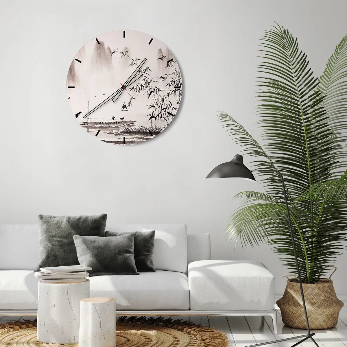 Wanduhr - Glasuhr - Eine minimalistische Landschaft mit Bambus, einem Boot und Vögeln in Schwarzweiß. - 30x30cm - Die Stille der Reisfelder - Moderne Wanddekoration für Wohnzimmer, Küche und Schlafzimmer ARTTOR