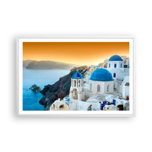 Poster in einem weißen Rahmen - Santorini - an die Felsen gekuschelt - 91x61 cm