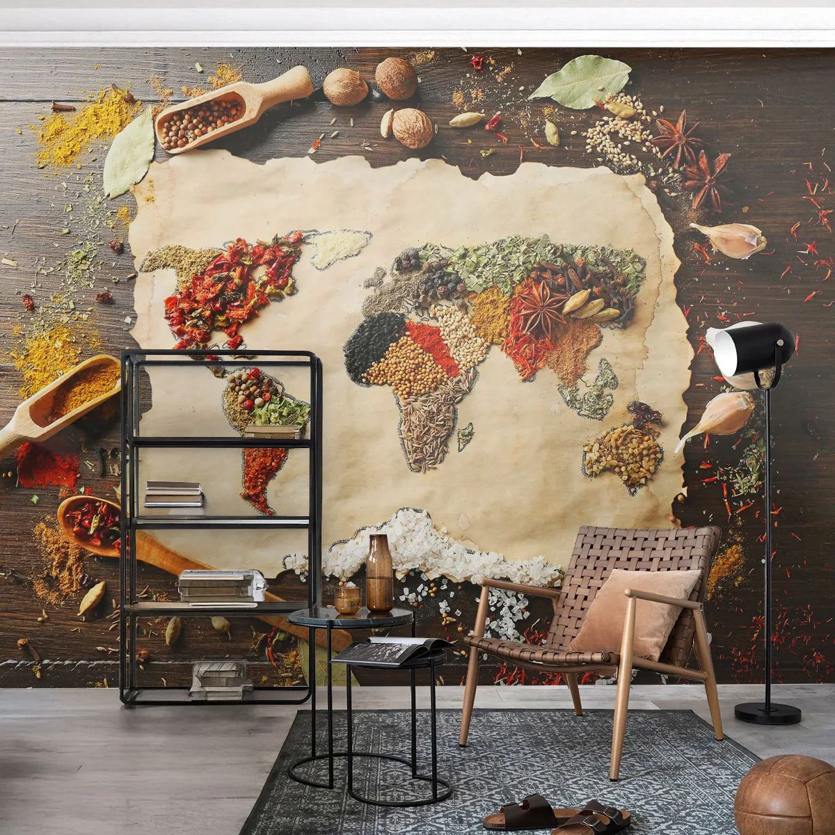 Maßgeschneiderte selbstklebende Fototapete Deluxe Sticker - Alle Aromen der Welt - Gastronomie, Weltkarte, Getrocknete Gewürze
