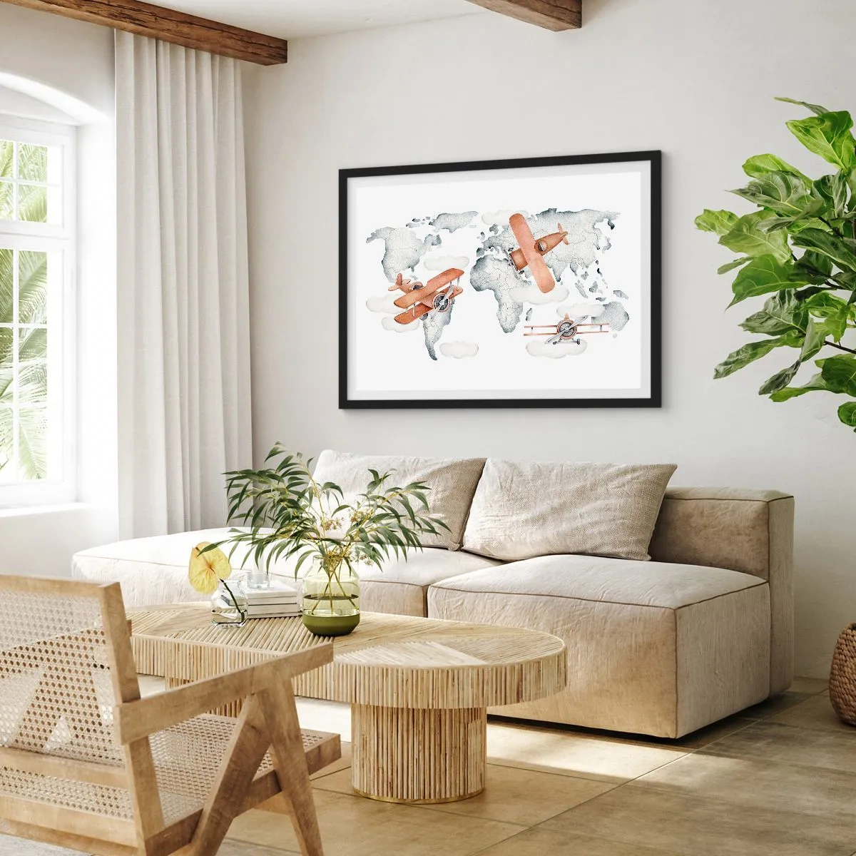Poster in einem schwarzem Rahmen - Illustration einer Weltkarte mit Flugzeugen - 100x70cm - Im Pioniergeist - Moderne Wanddekoration für Wohnzimmer und Schlafzimmer ARTTOR