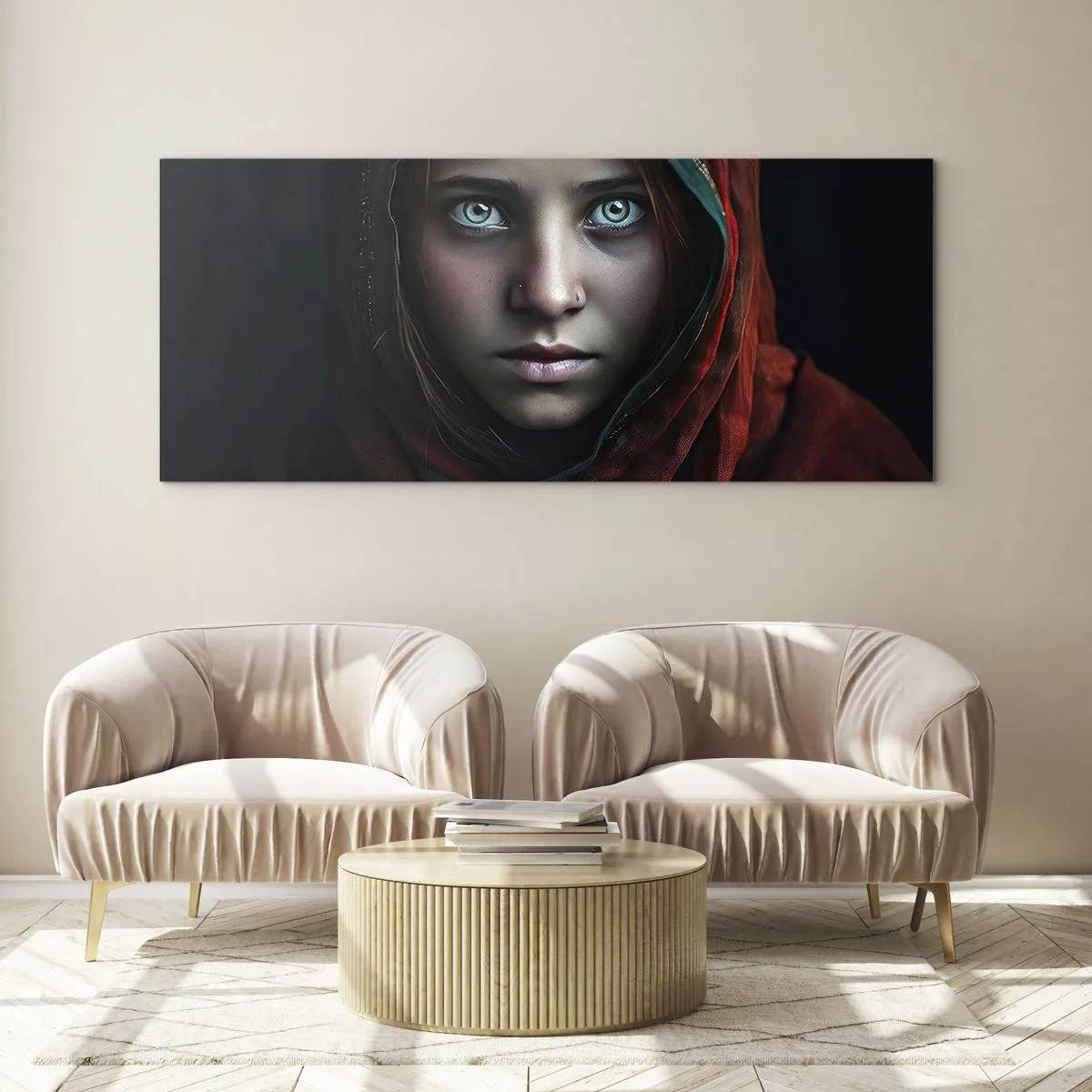 Glasbild - Bild auf glas - Porträt einer Frau mit intensivem Blick in warmen Farben - 160x50cm - Prinzessin aus dem Osten - Moderne Wanddekoration für Wohnzimmer und Schlafzimmer ARTTOR