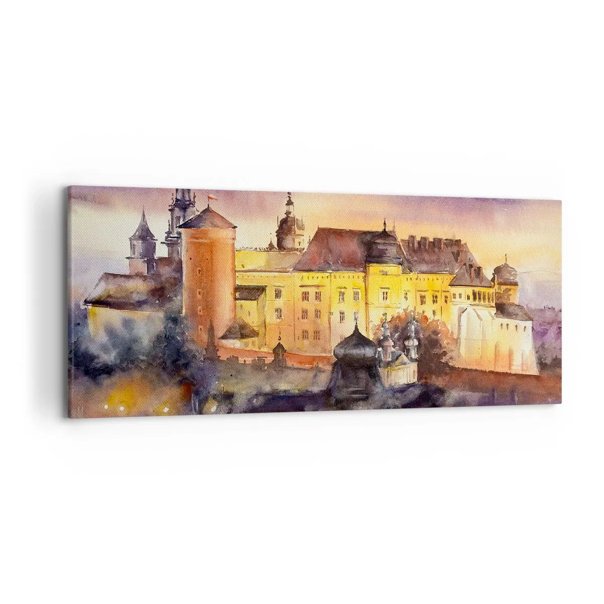 Bild auf Leinwand - Leinwandbild - Ein malerisches Aquarell einer Burg bei Sonnenuntergang - 120x50cm - Geschichte und Märchen - Moderne Wanddekoration für Wohnzimmer und Schlafzimmer ARTTOR